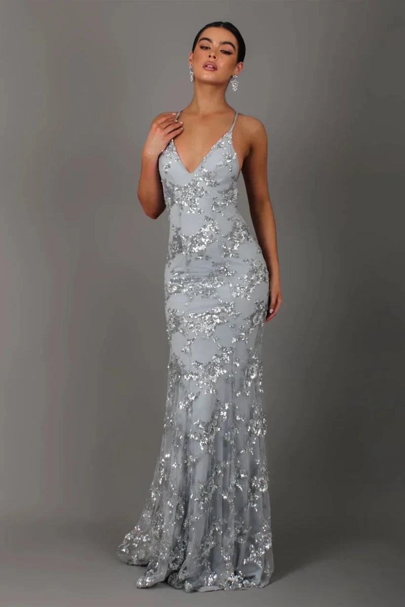Women’s Sleeveless Sequin Maxi Dress with V - Neck and Crisscross Open Back