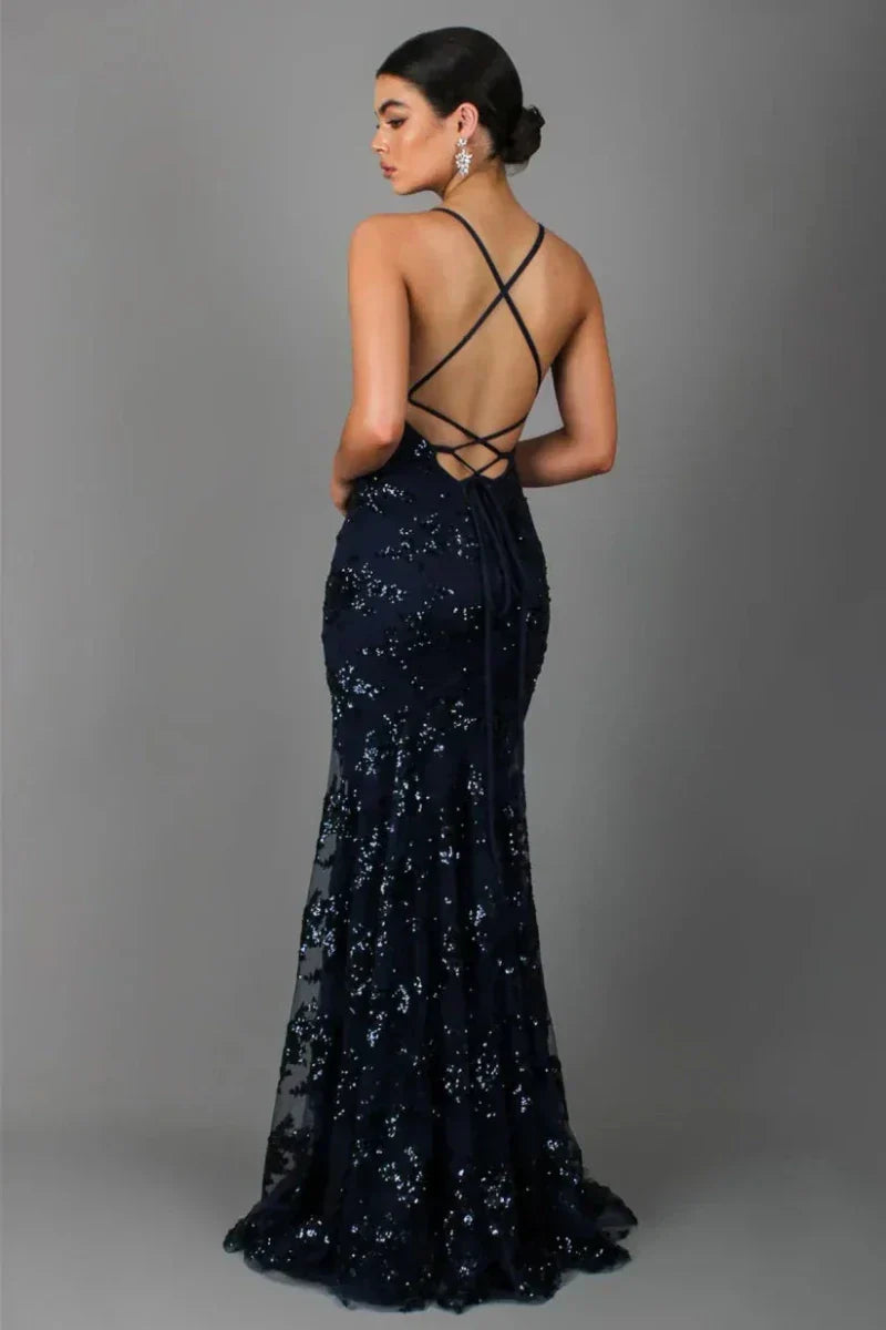 Women’s Sleeveless Sequin Maxi Dress with V - Neck and Crisscross Open Back