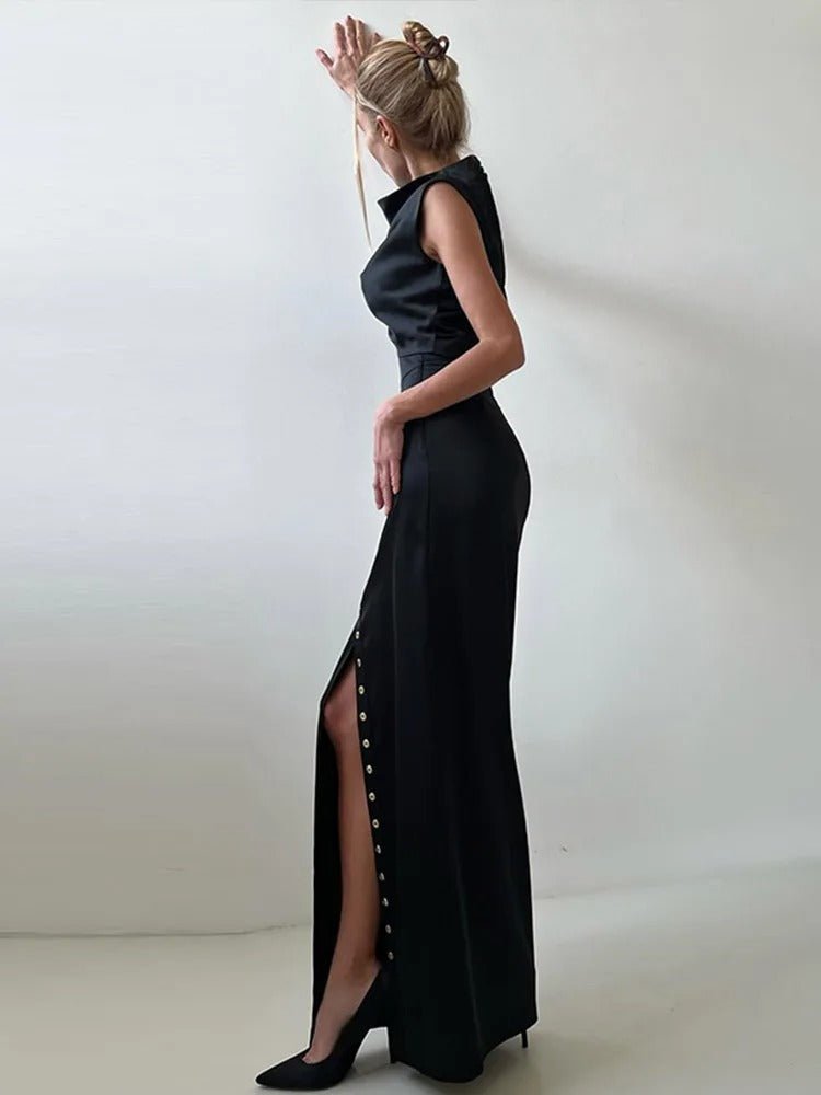 Women’s Sleeveless Two - Piece Set with High - Neck Top and Button - Front Maxi Skirt