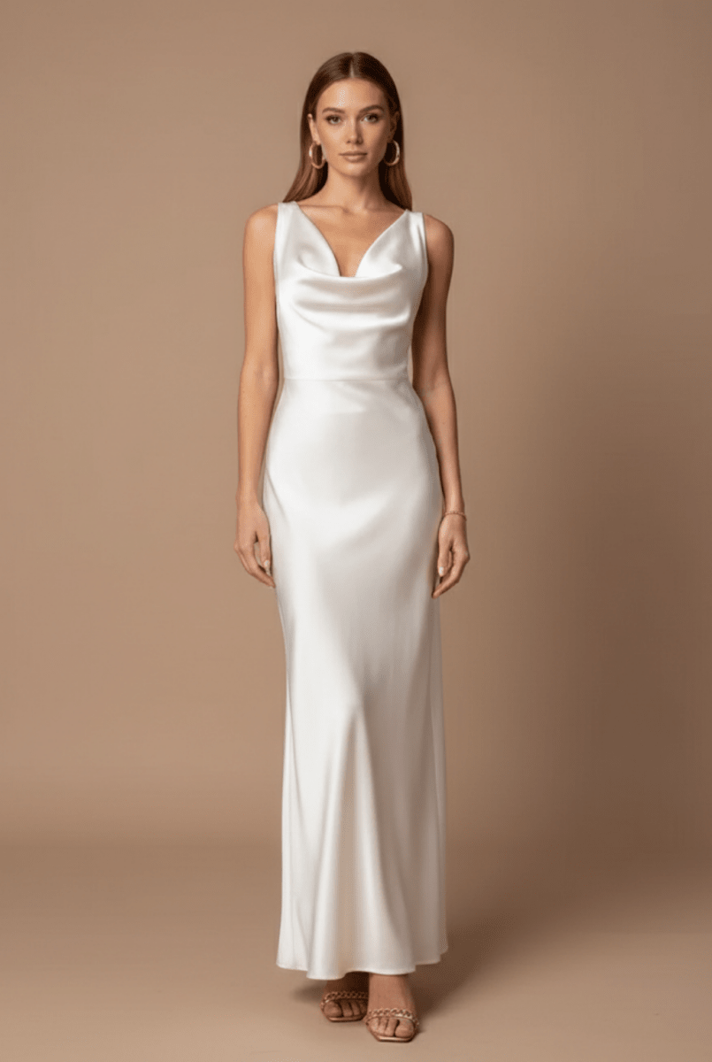 Women’s Sleeveless V - Neck Maxi Dress with Draped Neckline – Elegant Evening Silhouette