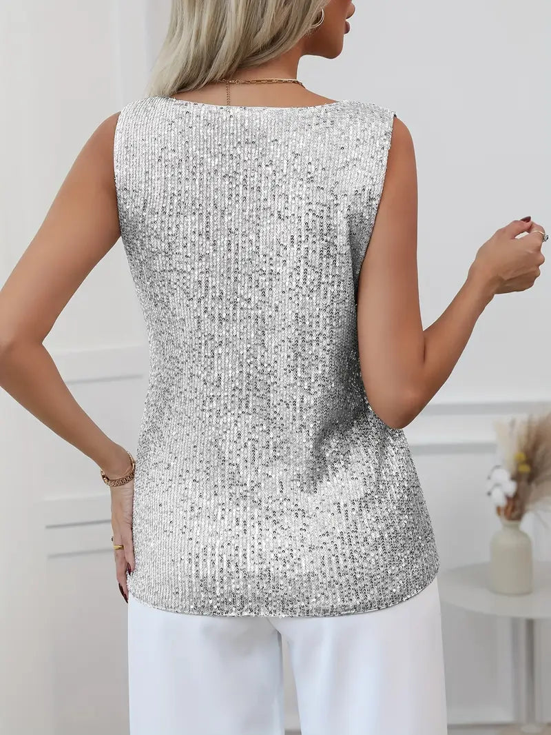 Women’s Sleeveless V - Neck Top with All - Over Sequin Detail