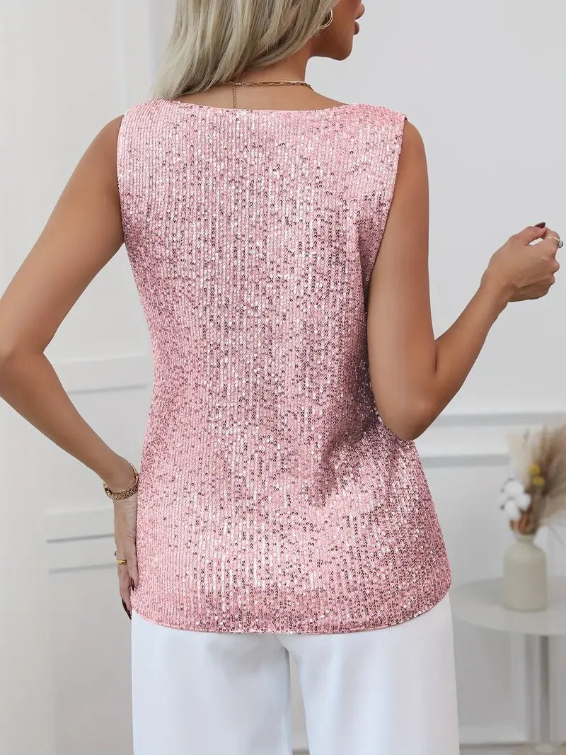 Women’s Sleeveless V - Neck Top with All - Over Sequin Detail