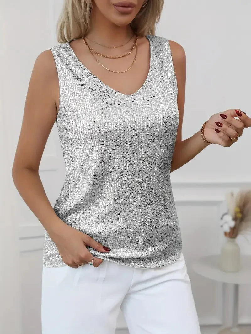 Women’s Sleeveless V - Neck Top with All - Over Sequin Detail