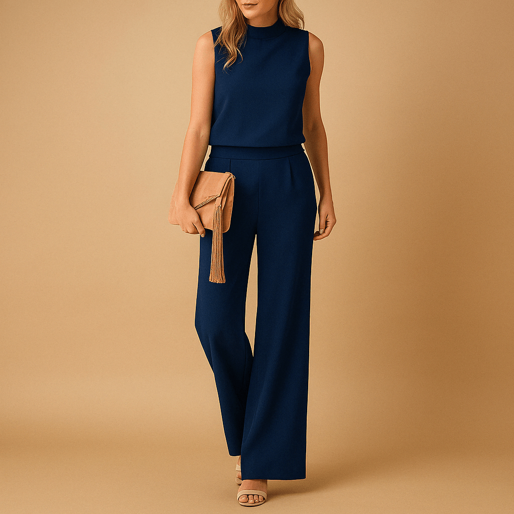 Women’s Sleeveless Wide Leg Jumpsuit with Round Neck and Mid - Waist Fit