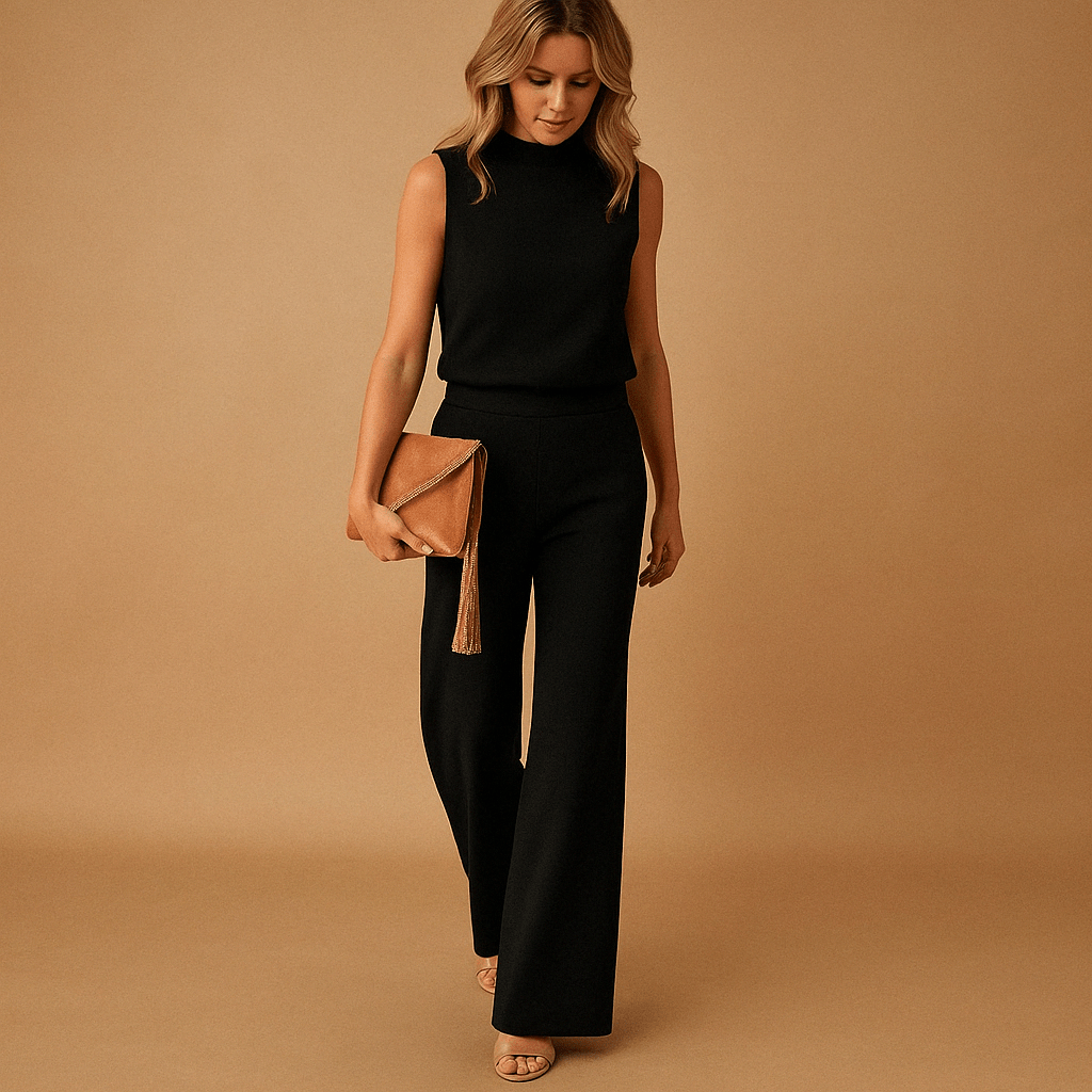 Women’s Sleeveless Wide Leg Jumpsuit with Round Neck and Mid - Waist Fit