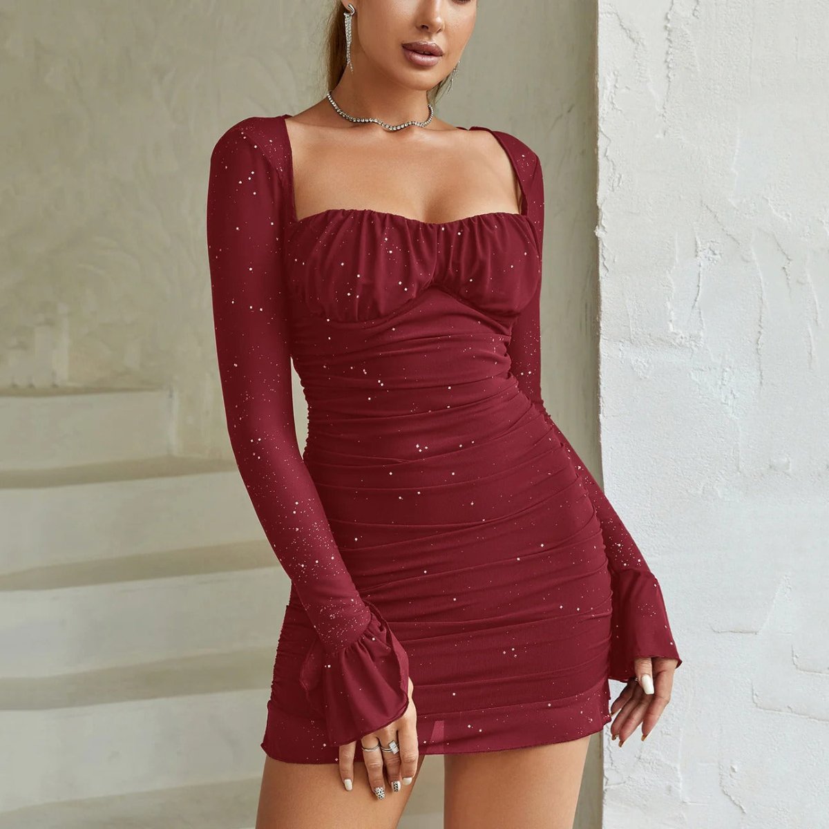 Women’s Square Neck Mini Dress with Long Sleeves and Ruched Detail