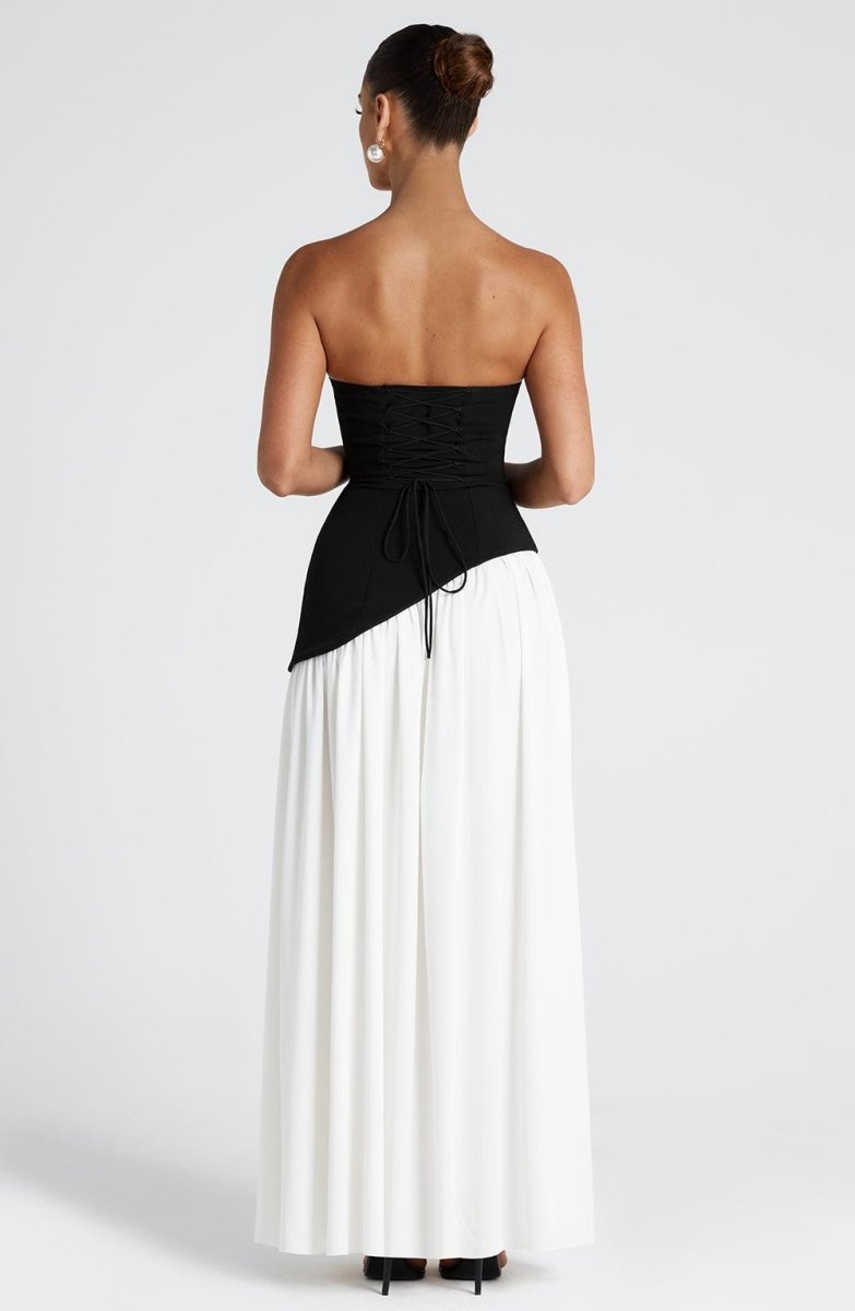 Women’s Strapless Maxi Dress with Asymmetric Waist Overlay, Neck Scarf Detail, and High Slit