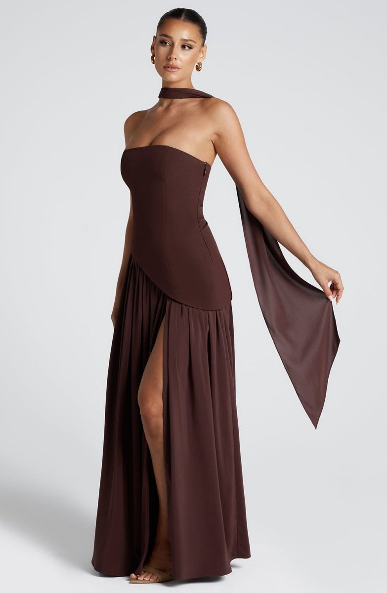 Women’s Strapless Maxi Dress with Asymmetric Waist Overlay, Neck Scarf Detail, and High Slit