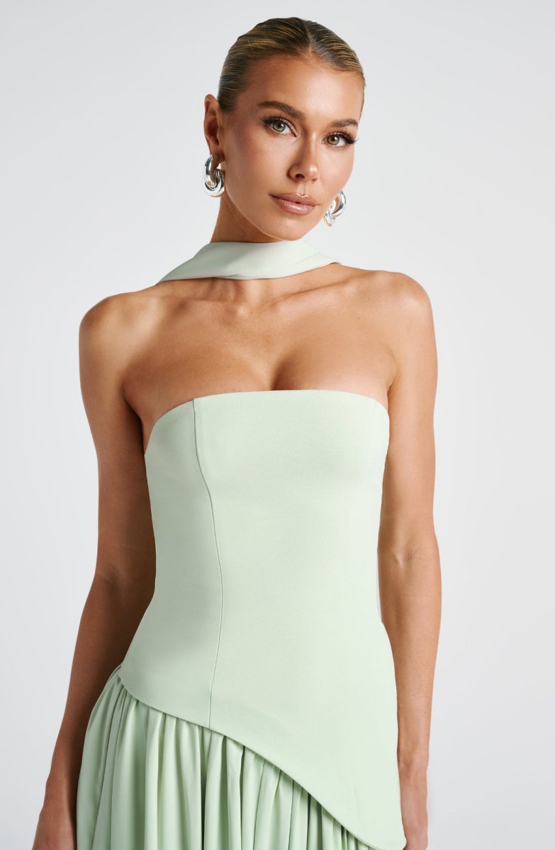 Women’s Strapless Maxi Dress with Asymmetric Waist Overlay, Neck Scarf Detail, and High Slit