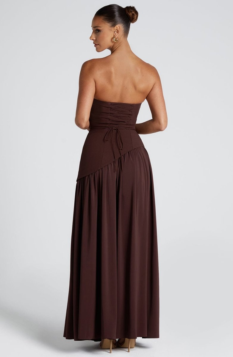 Women’s Strapless Maxi Dress with Asymmetric Waist Overlay, Neck Scarf Detail, and High Slit