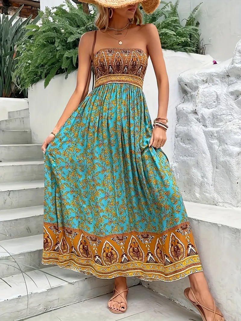 Women's Strapless Smocked Floral Paisley Print Maxi Dress