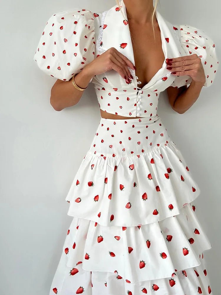 Women’s Strawberry Print Crop Top and Tiered Ruffle Skirt Two Piece Set