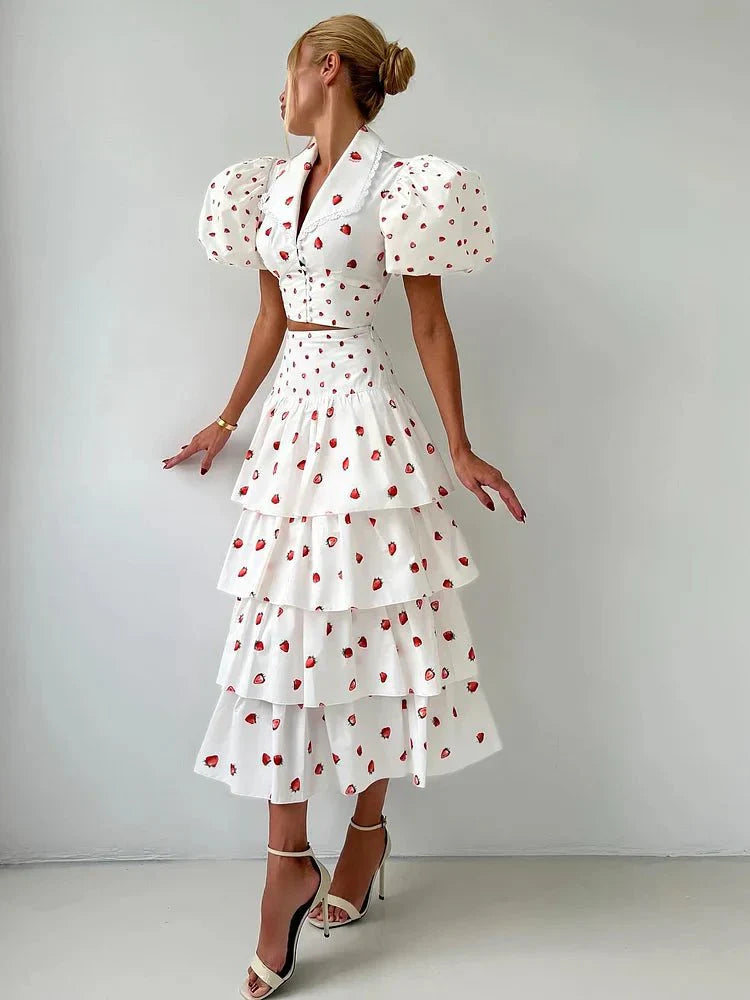 Women’s Strawberry Print Crop Top and Tiered Ruffle Skirt Two Piece Set