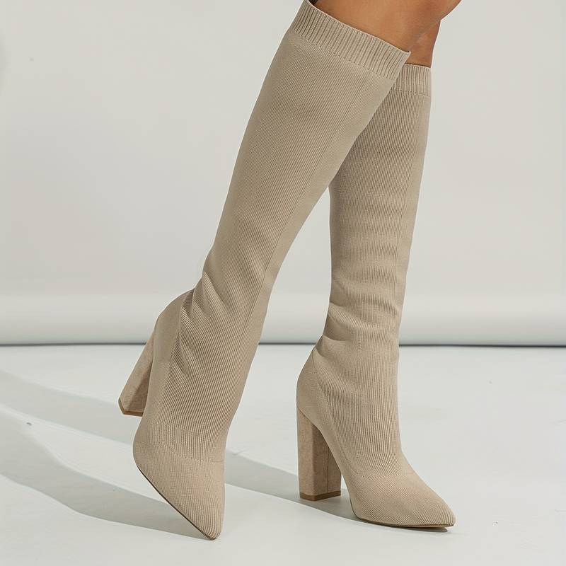 Women’s Stretch Knit Knee - High Sock Boots with Block Heel
