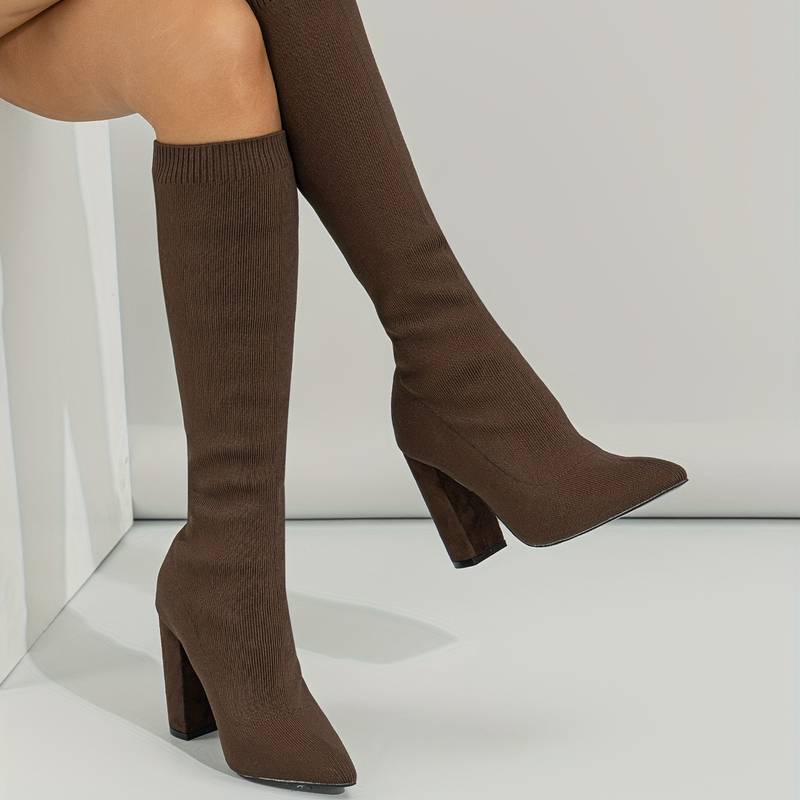 Women’s Stretch Knit Knee - High Sock Boots with Block Heel