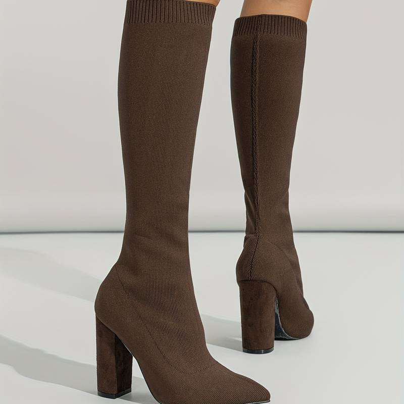 Women’s Stretch Knit Knee - High Sock Boots with Block Heel