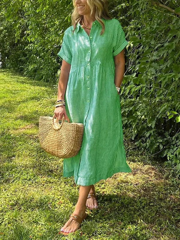 Women’s Striped Midi Shirt Dress with Short Sleeves and Button Front – Summer Dress