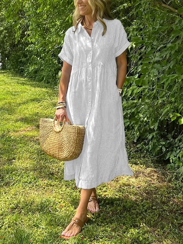 Women’s Striped Midi Shirt Dress with Short Sleeves and Button Front – Summer Dress