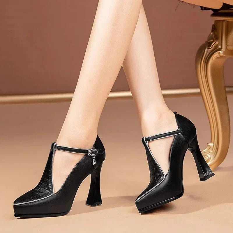 Women’s T - Strap Block Heels with Pointed Toe and Buckle Closure