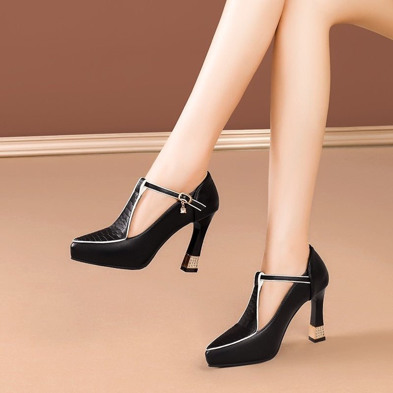 Women’s T - Strap Block Heels with Pointed Toe and Buckle Closure