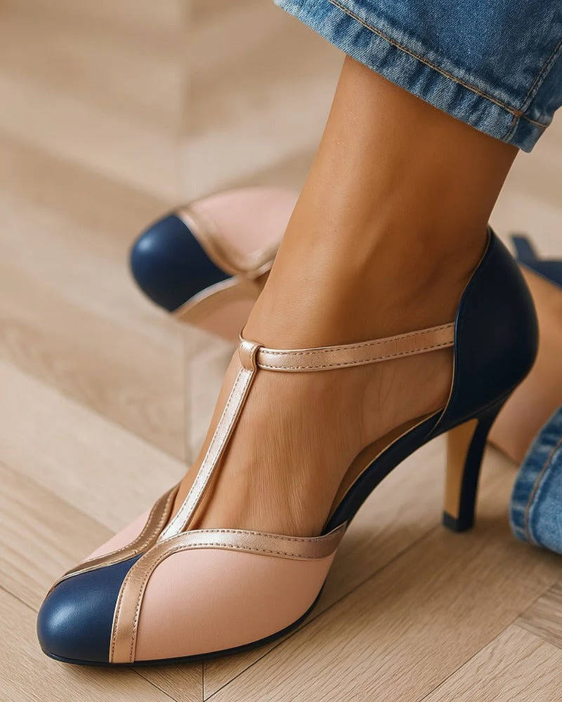 Women’s T - Strap Heels with Closed Toe and Buckle Ankle Strap