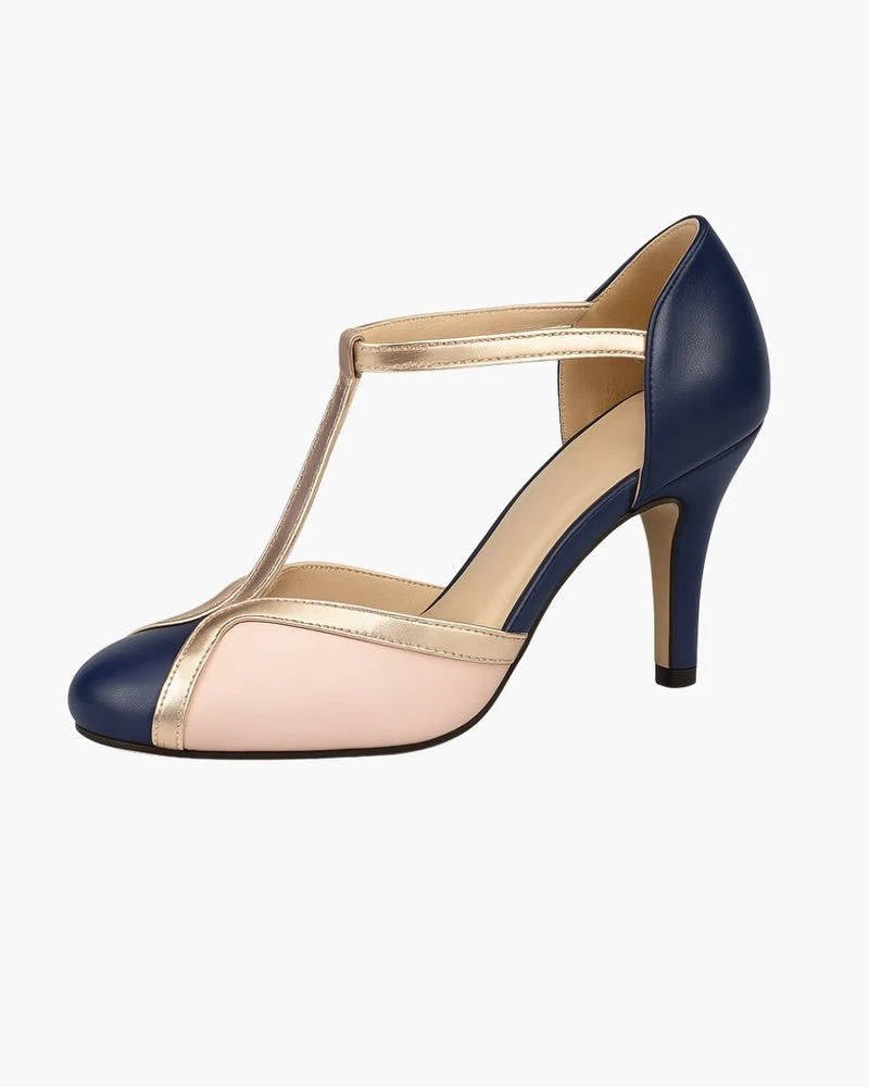 Women’s T - Strap Heels with Closed Toe and Buckle Ankle Strap