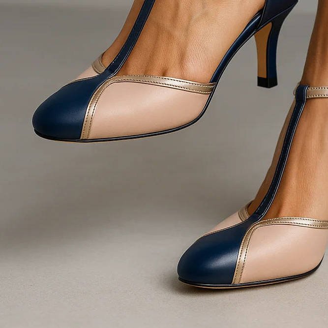 Women’s T - Strap Heels with Closed Toe and Buckle Ankle Strap