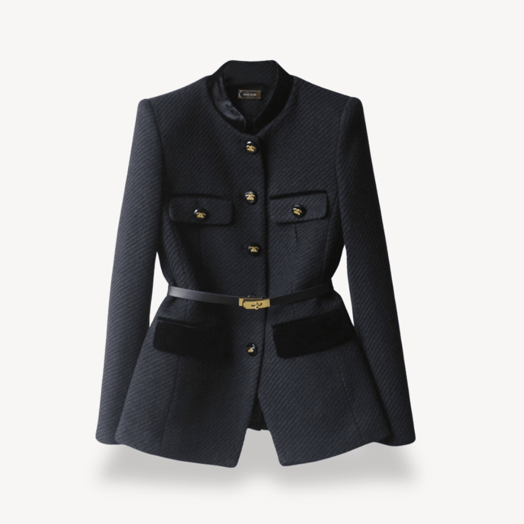 Women’s Tailored Belted Blazer with Button Front and Contrast Trim