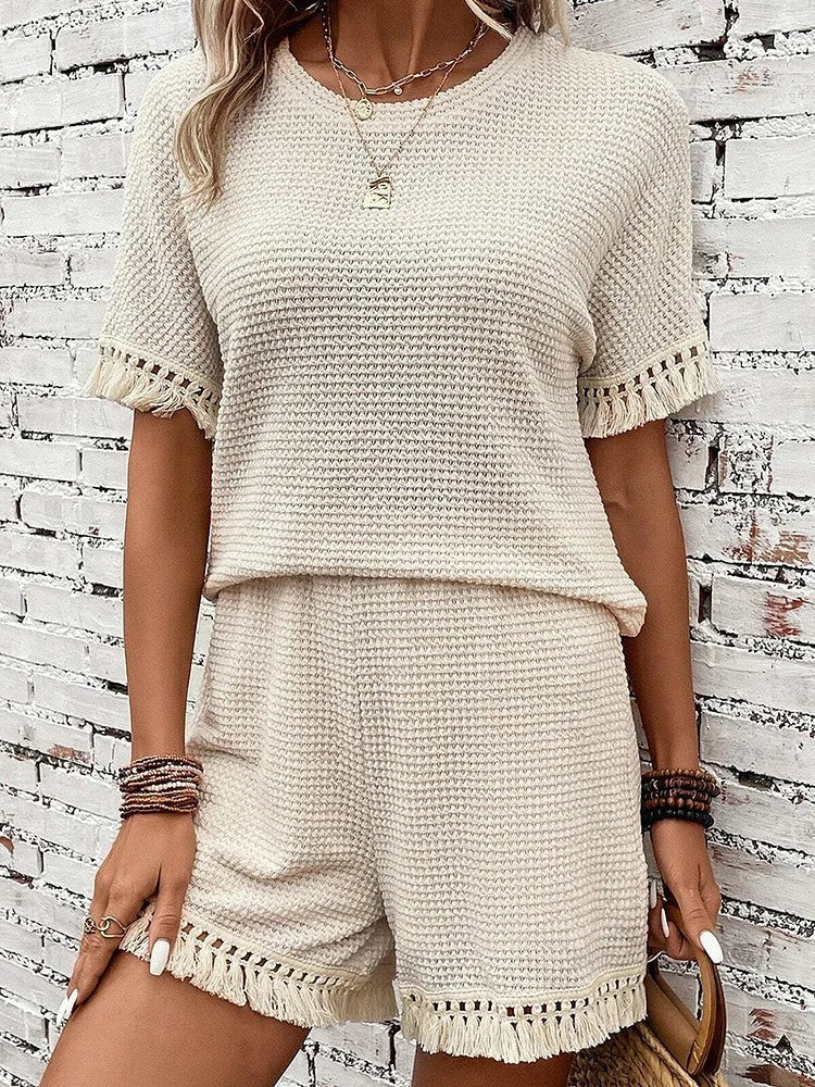 Women’s Textured Tassel Trim Top and Shorts Two Piece Set