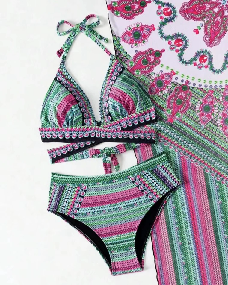 Women’s Three Piece Bikini Set with Triangle Top High Waist Bottom and Printed Shawl