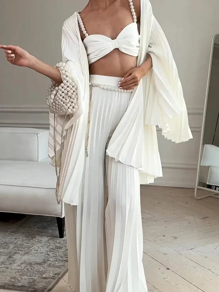 Women’s Three Piece Pleated Set with Crop Top, Cardigan and Wide Leg Trousers