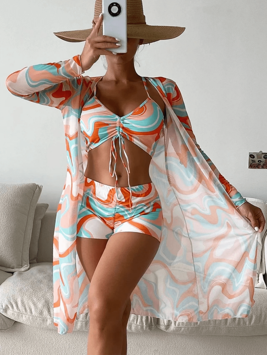 Women’s Three Piece Swim Set with Drawstring Crop Top High - Waist Shorts and Long Sleeve Sheer Cover - Up