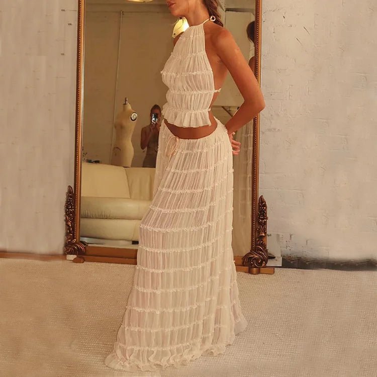 Women’s Two Piece Set with Halter Neck Ruffle Top and Pleated Maxi Skirt
