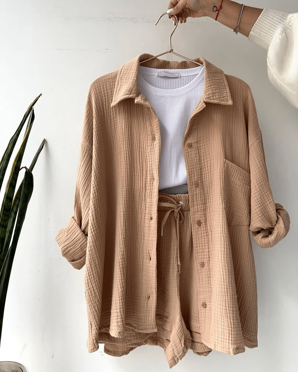 Women’s Two Piece Set with Long Sleeve Button Front Shirt and Drawstring Shorts