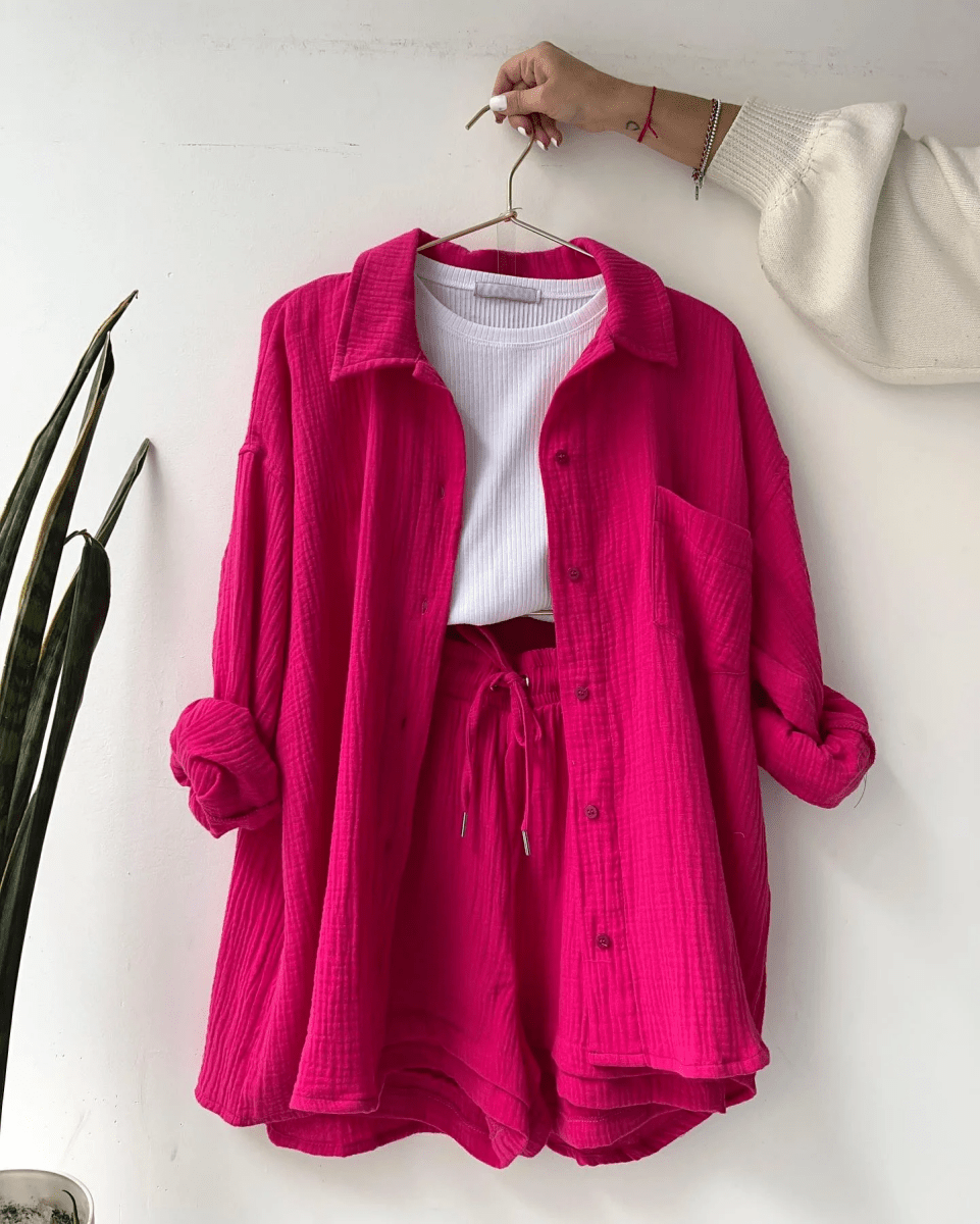 Women’s Two Piece Set with Long Sleeve Button Front Shirt and Drawstring Shorts