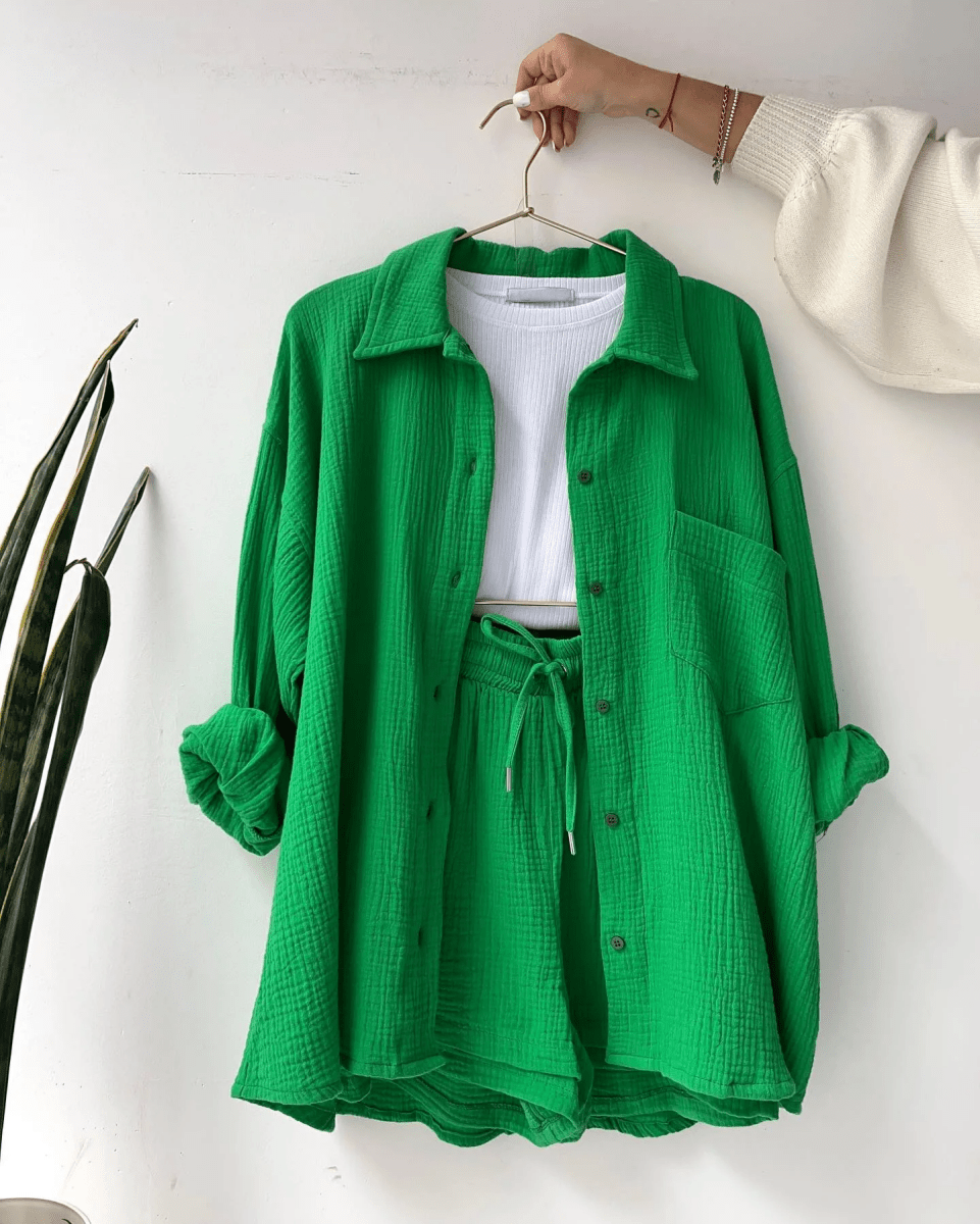 Women’s Two Piece Set with Long Sleeve Button Front Shirt and Drawstring Shorts