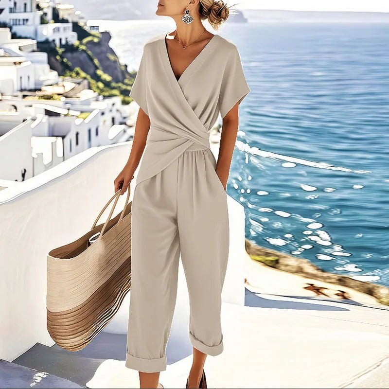 Women’s Two Piece Set with Short Sleeve Wrap Top and Cropped Pants