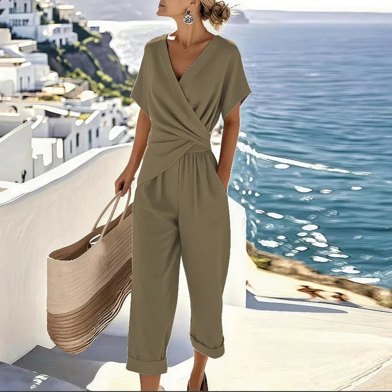 Women’s Two Piece Set with Short Sleeve Wrap Top and Cropped Pants