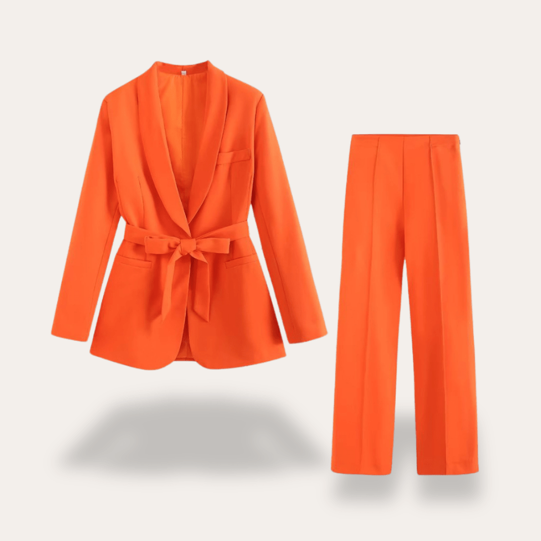Women’s Two - Piece Suit Set with Belted Blazer and Wide - Leg Trousers