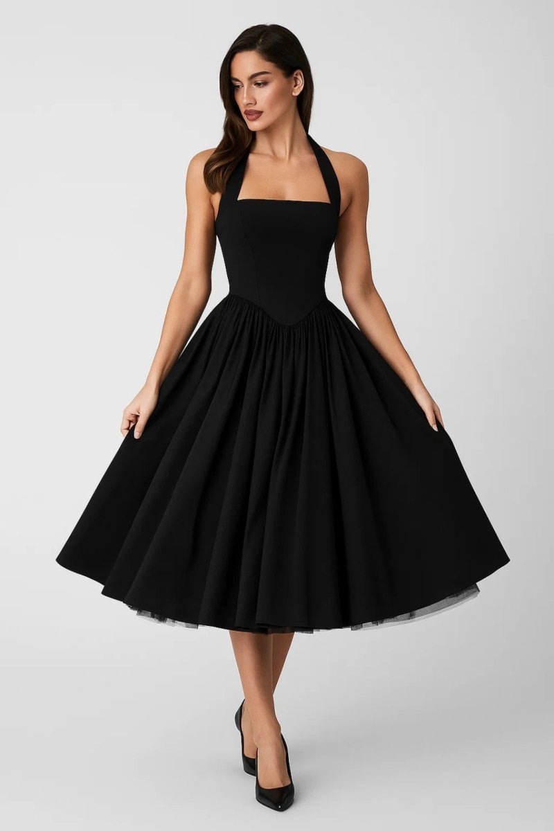 Women’s Vintage Midi Dress – Halter Neck Flared A - Line Design