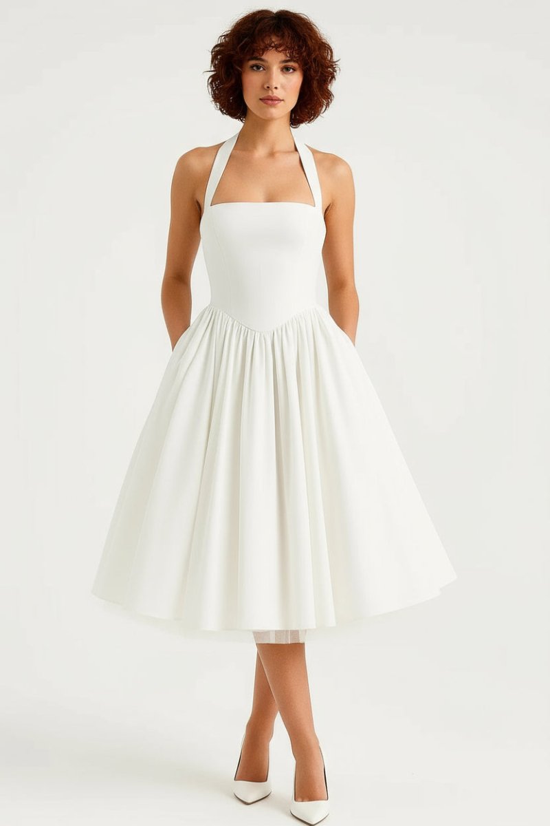 Women’s Vintage Midi Dress – Halter Neck Flared A - Line Design