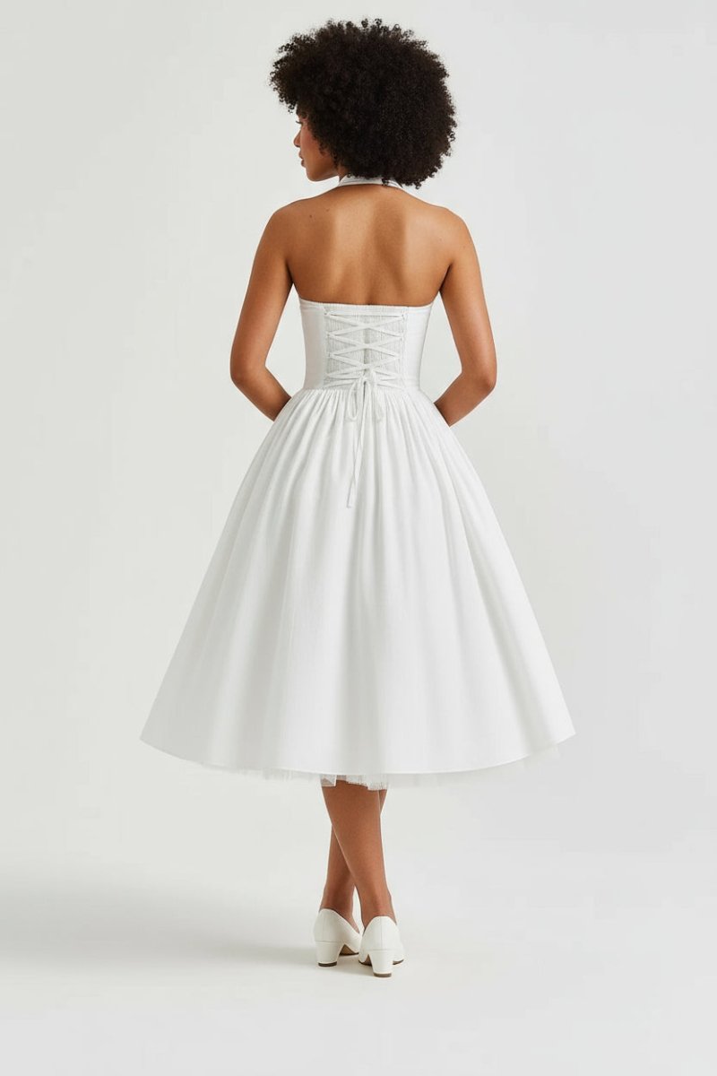 Women’s Vintage Midi Dress – Halter Neck Flared A - Line Design