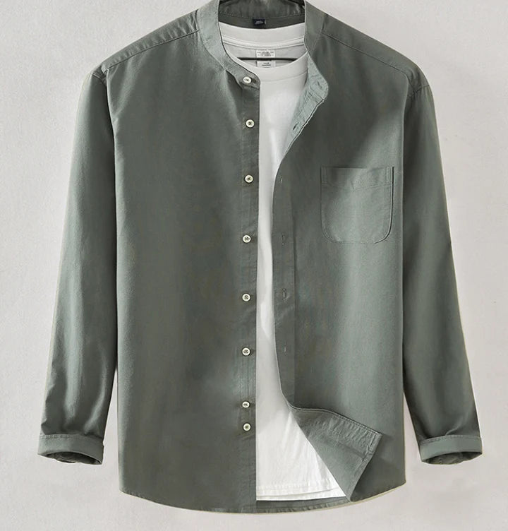Men's Band Collar Button Down Shirt - Long Sleeve Chest Pocket