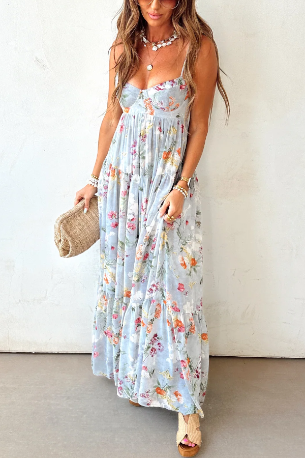 Women's Floral Tiered Maxi Dress Strapless