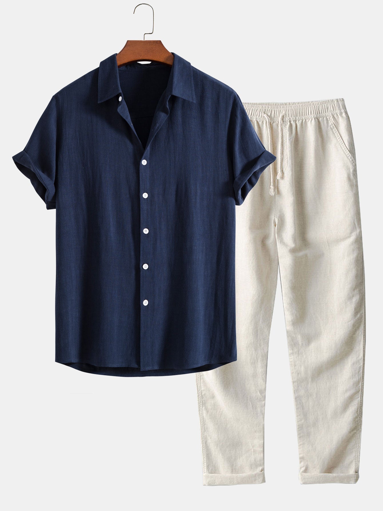 Ensemble en lin pour hommes - Chemise à manches courtes à boutons et pantalons à cordon de serrage