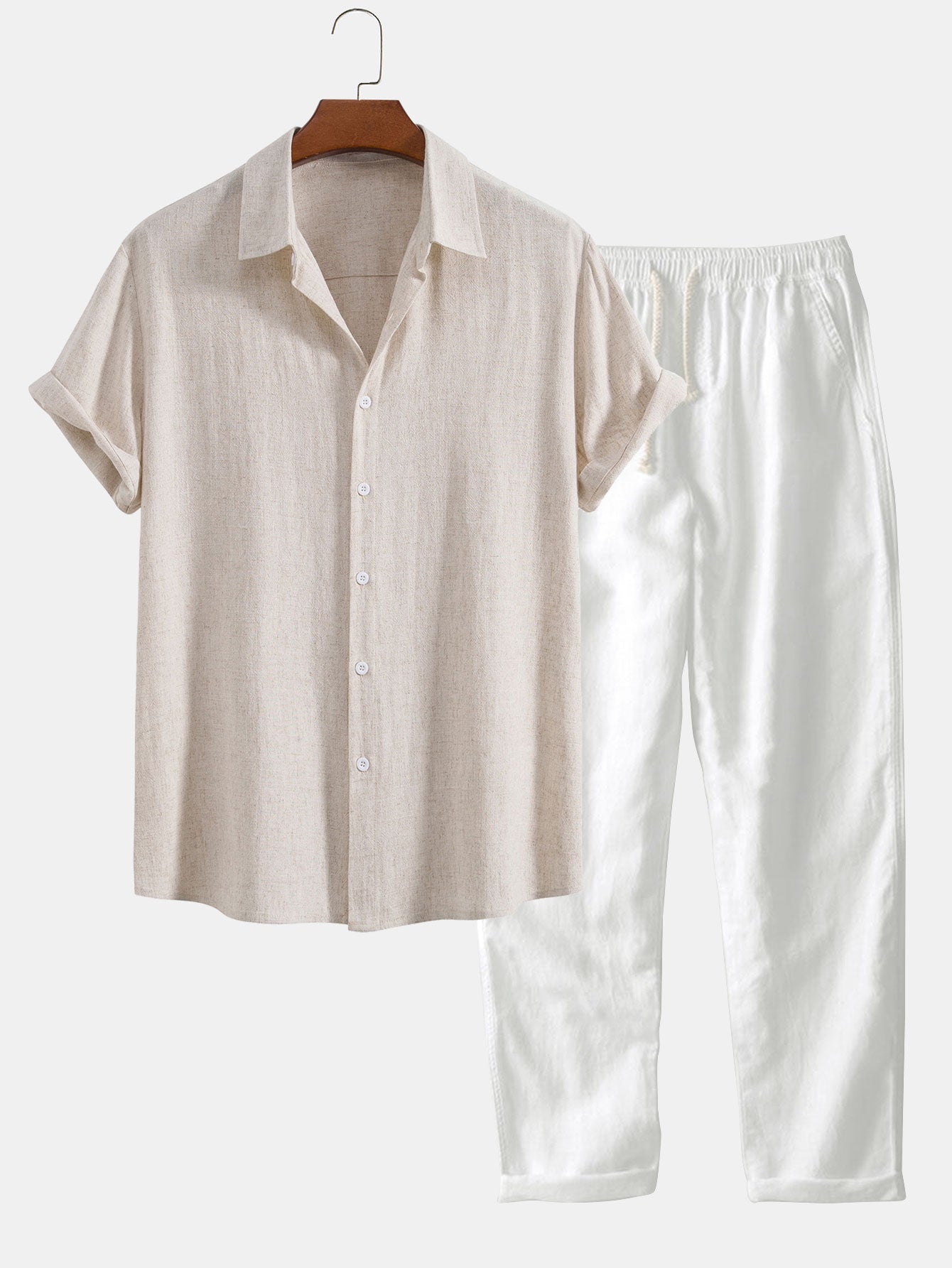 Ensemble en lin pour hommes - Chemise à manches courtes à boutons et pantalons à cordon de serrage