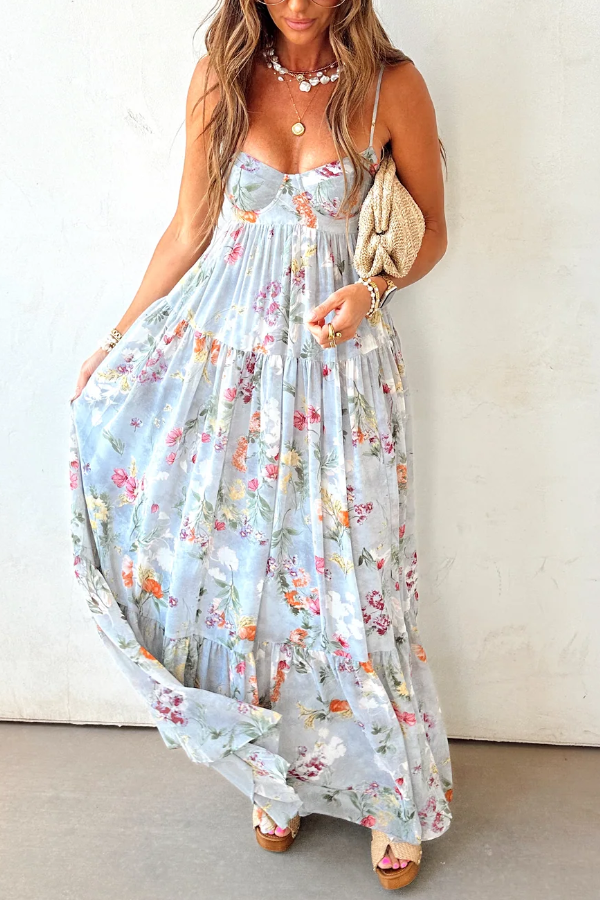 Women's Floral Tiered Maxi Dress Strapless