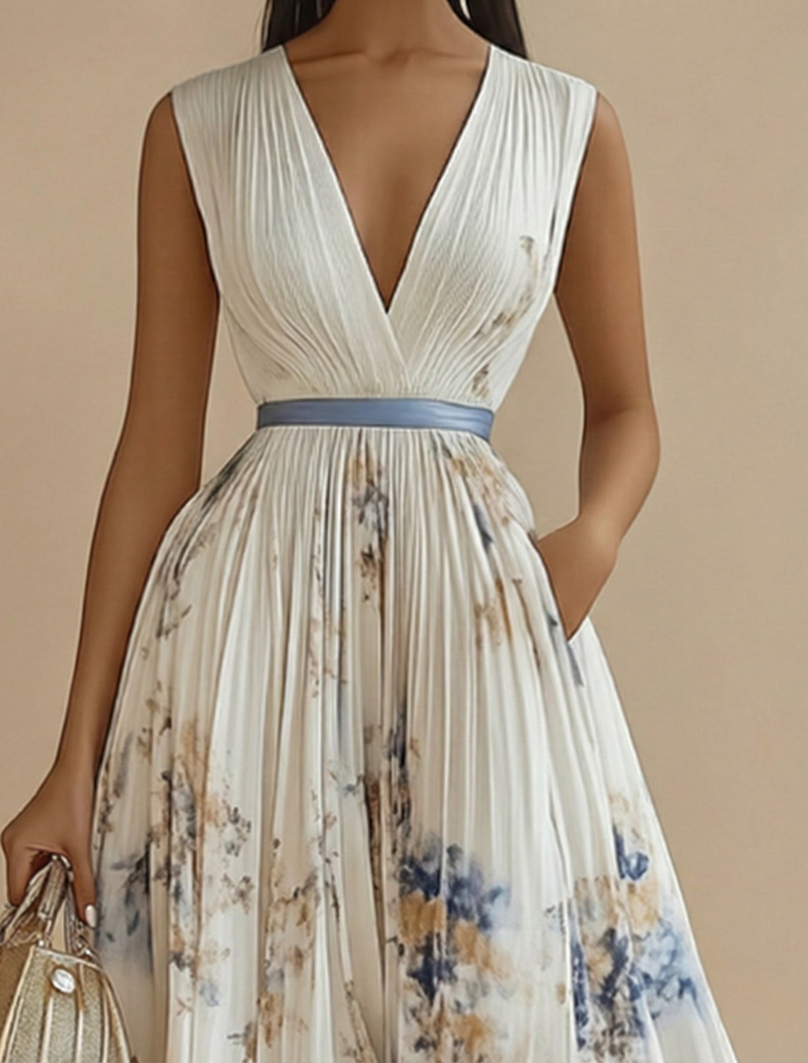 Women’s Sleeveless Pleated Maxi Dress with V-Neck and Defined Waist