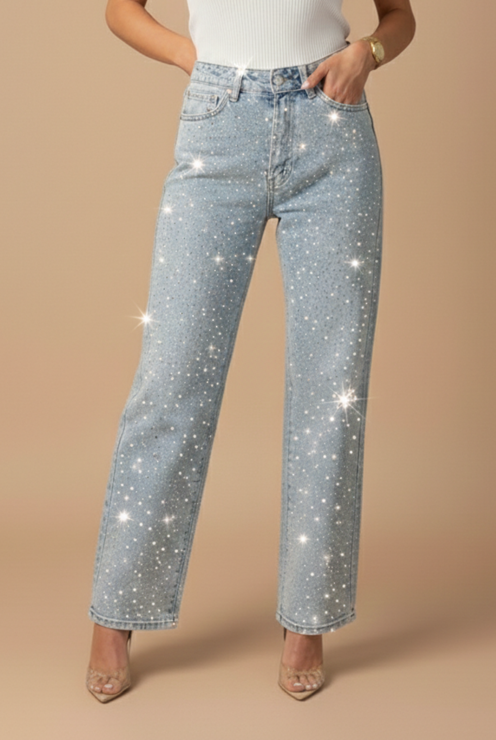 Women’s High-Waist Straight-Leg Jeans with Subtle Sparkle Finish