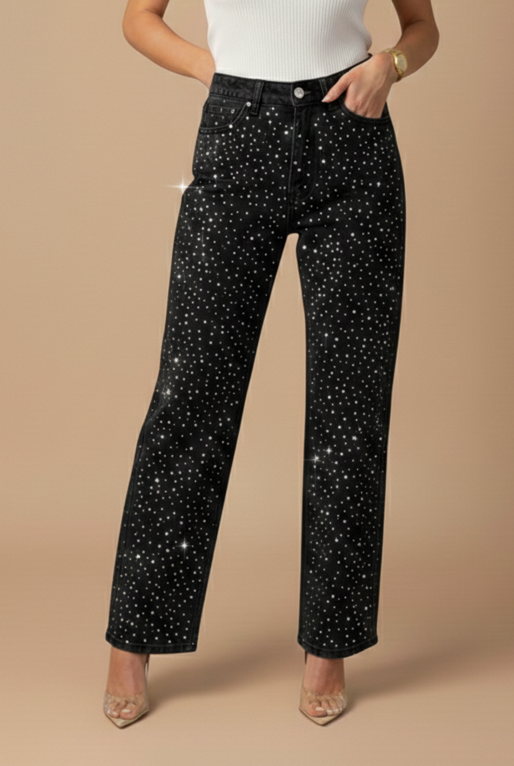 Women’s High-Waist Straight-Leg Jeans with Subtle Sparkle Finish